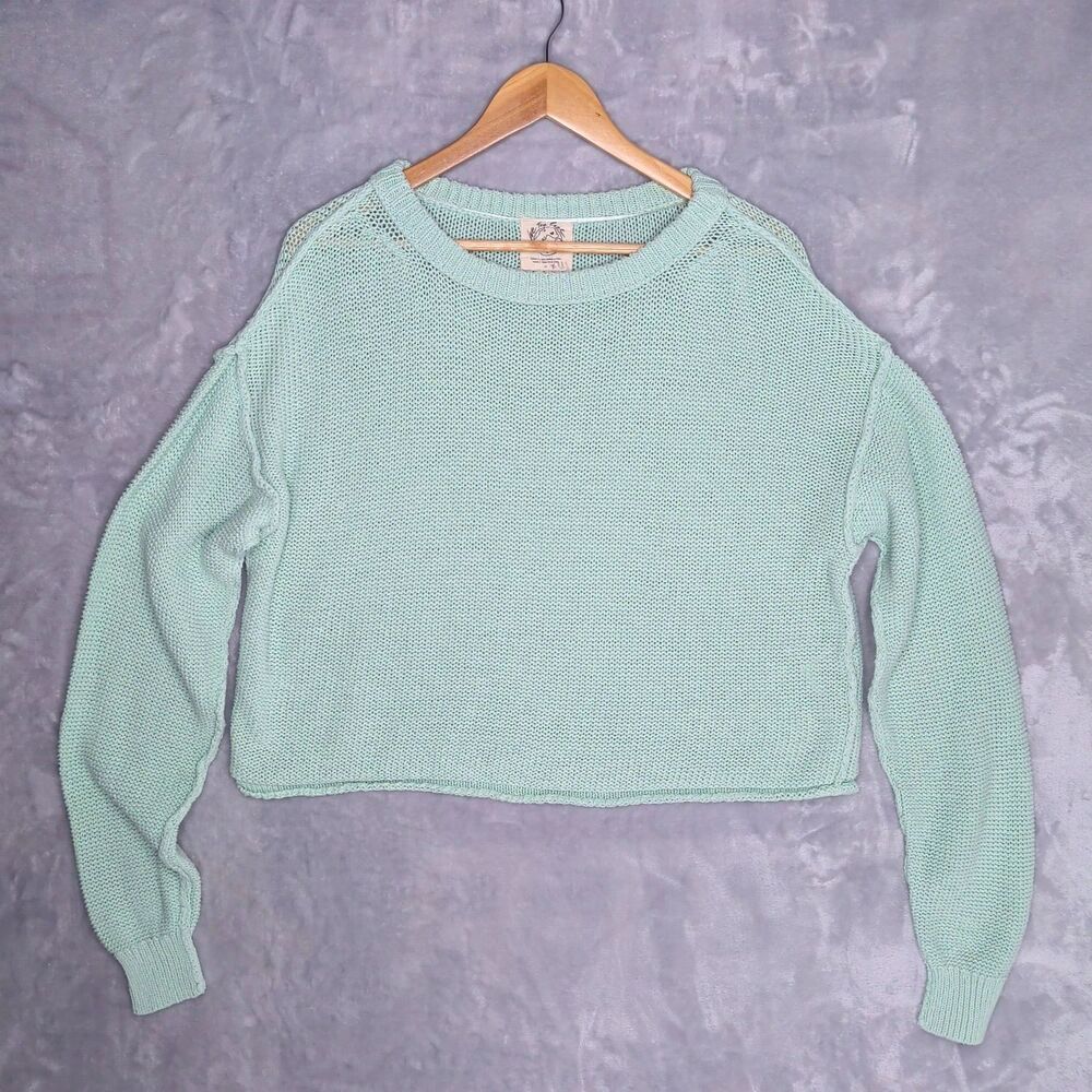 WE THE FREE Green Cropped Open Knit Sweater Size S Beachy Slouchy Preppy Boho